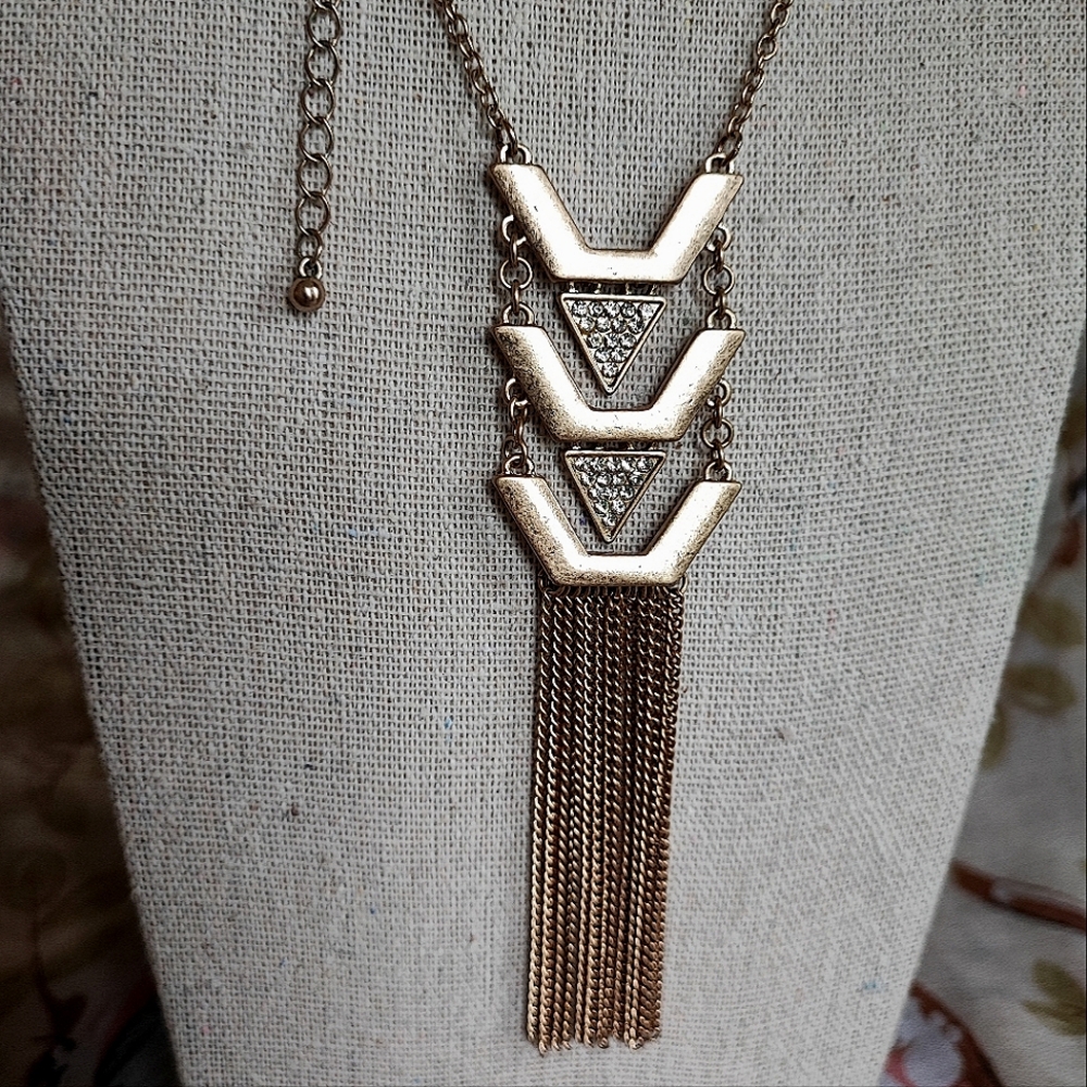 Geometrical Matte Light Brass Pave Clear Rhinestone Long Necklace